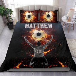 Personalized Soccer Duvet Cover Set, Soccer Fire Ball Winner Champion Player Gift Duvet Cover & Pillowcases, Custom Name Number Bedding Set