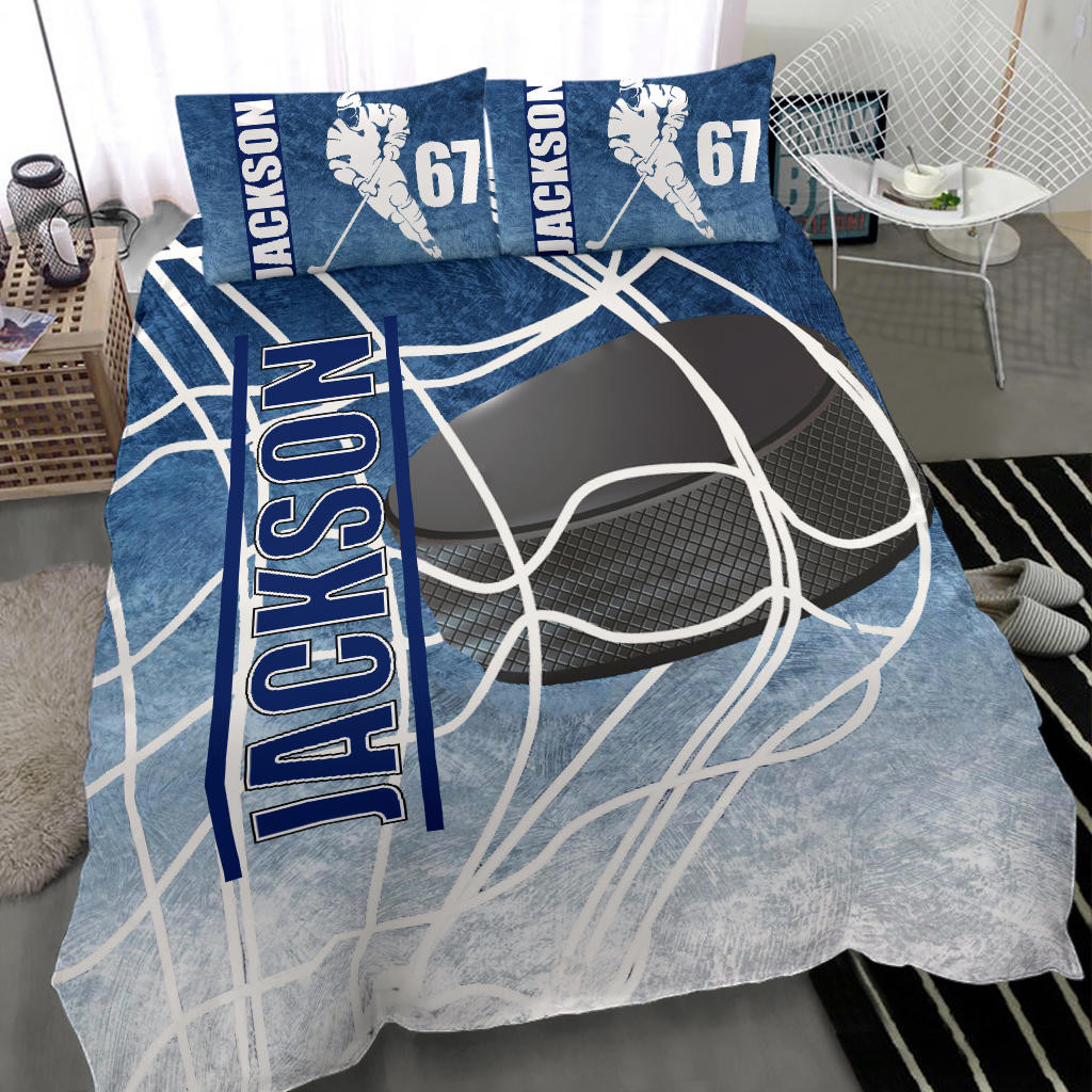 Personalized Hockey Duvet Cover Set, Ice Hockey Puck Player Gift Idea Blue White Duvet Cover & Pillowcases, Custom Name Number Bedding Set
