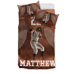 Personalized Baseball Duvet Cover Set, Baseball Ball Batter Posing Player Gift Idea Duvet Cover & Pillowcases, Custom Name Number Bedding Set