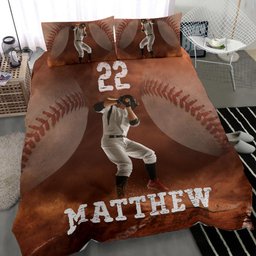 Personalized Baseball Duvet Cover Set, Baseball Ball Batter Posing Player Gift Idea Duvet Cover & Pillowcases, Custom Name Number Bedding Set