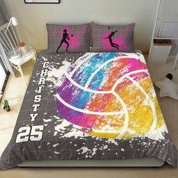 Personalized Volleyball Duvet Cover Set, Volleyball Watercolor Ball Player Gift Grey Duvet Cover & Pillowcases, Custom Name Number Bedding Set