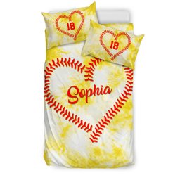 Personalized Softball Duvet Cover Set, Softball Lace Yellow Tie Dyes Heart Girl Duvet Cover & Pillowcases, Custom Name Number Bedding Set