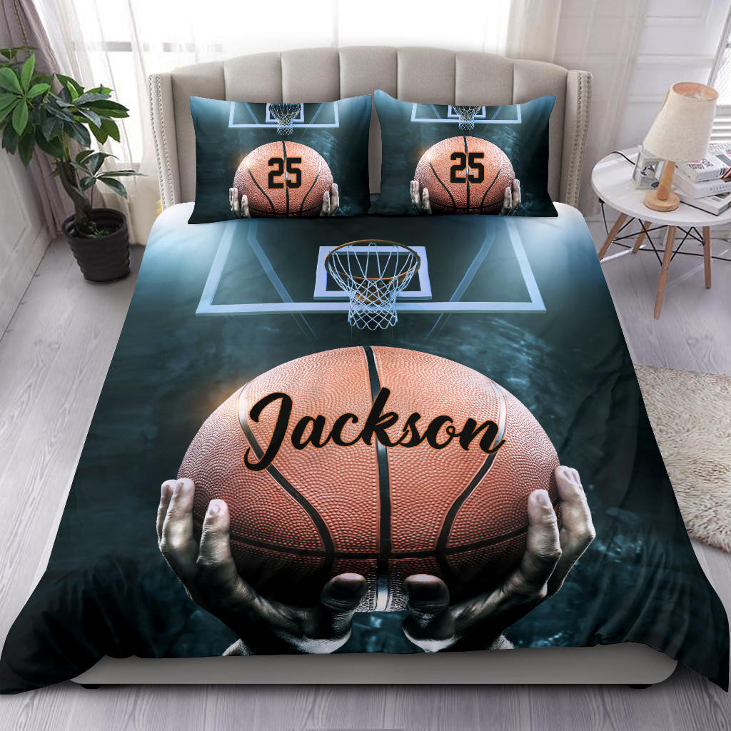 Personalized Basketball Duvet Cover Set, Basketballs Ball Player Hand 3D Printed Gift Duvet Cover & Pillowcases, Custom Name Number Bedding Set