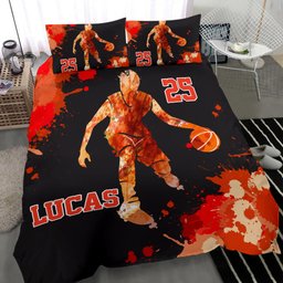 Personalized Basketball Duvet Cover Set, Basketball Boy Player Red Orange Watercolor Duvet Cover & Pillowcases, Custom Name Number Bedding Set