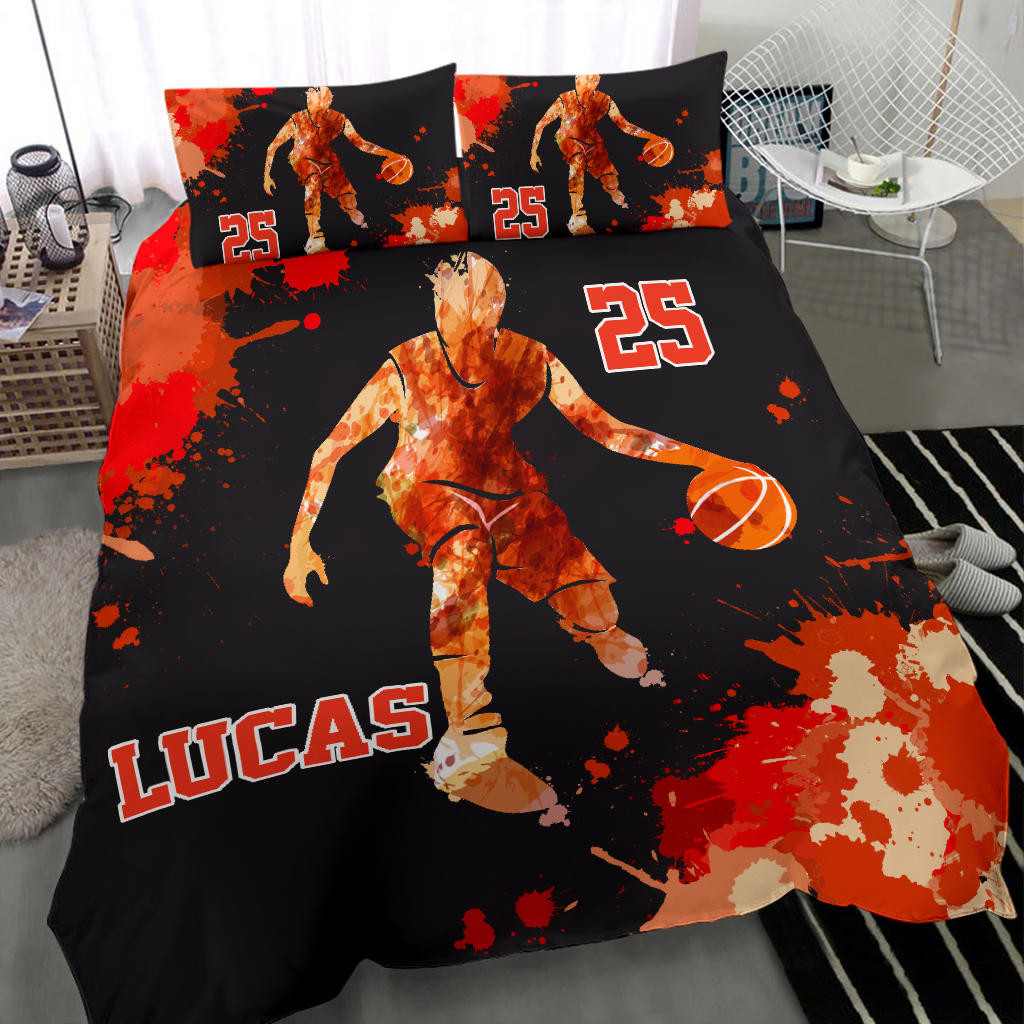 Personalized Basketball Duvet Cover Set, Basketball Boy Player Red Orange Watercolor Duvet Cover & Pillowcases, Custom Name Number Bedding Set