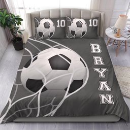Personalized Soccer Duvet Cover Set, Soccer Ball In Net Player Gift Idea Grey Duvet Cover & Pillowcases, Custom Name Number Bedding Set