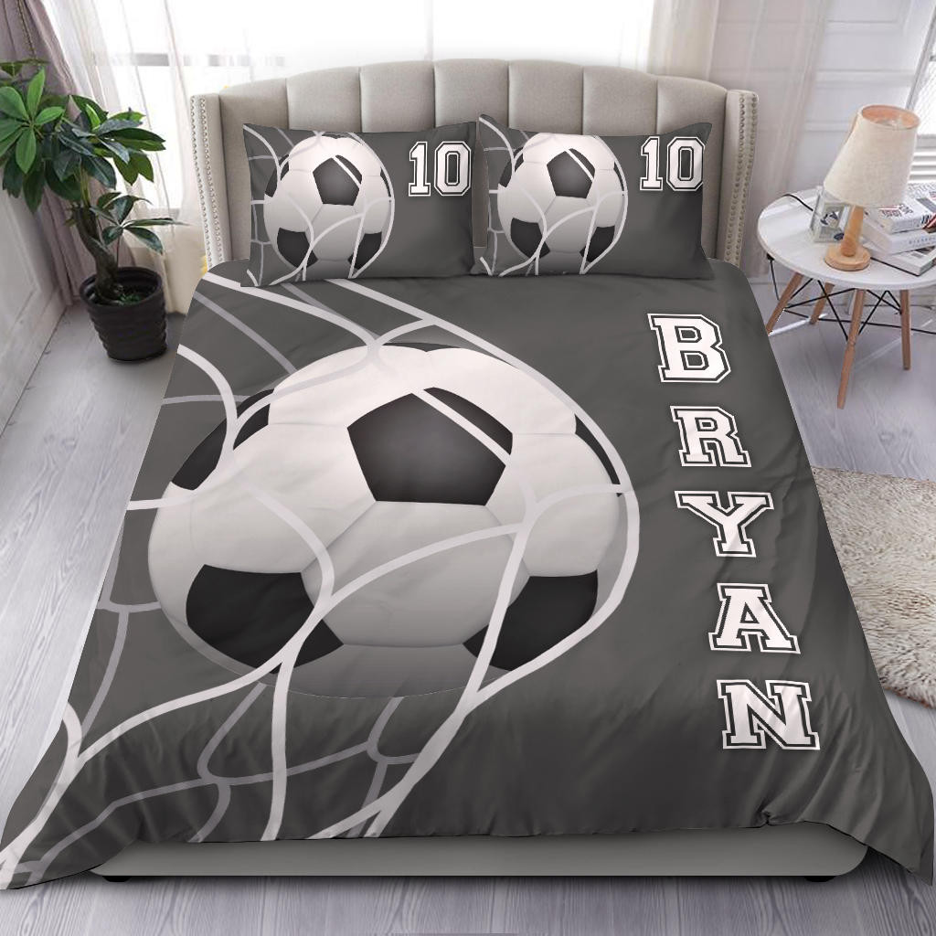Personalized Soccer Duvet Cover Set, Soccer Ball In Net Player Gift Idea Grey Duvet Cover & Pillowcases, Custom Name Number Bedding Set