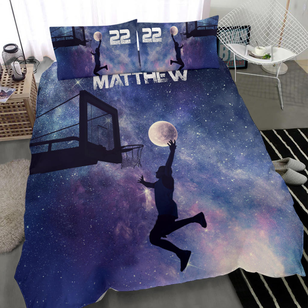 Personalized Basketball Duvet Cover Set, Basketball Sky Moon Galaxy Boy Player Gift Duvet Cover & Pillowcases, Custom Name Number Bedding Set