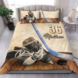 Personalized Hockey Duvet Cover Set, Hockey Shoes Stick Player Gift Vintage Beige Duvet Cover & Pillowcases, Custom Name Number Bedding Set