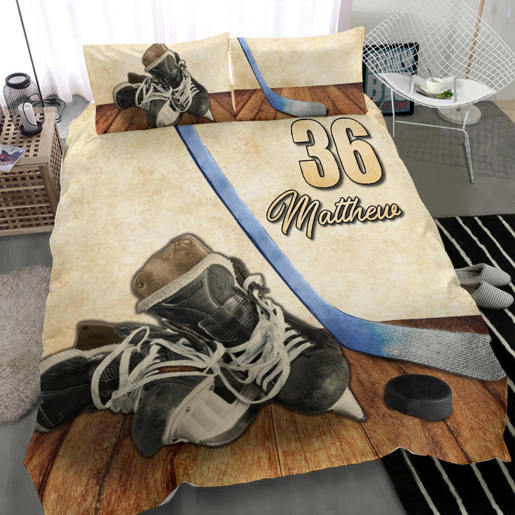 Personalized Hockey Duvet Cover Set, Hockey Shoes Stick Player Gift Vintage Beige Duvet Cover & Pillowcases, Custom Name Number Bedding Set