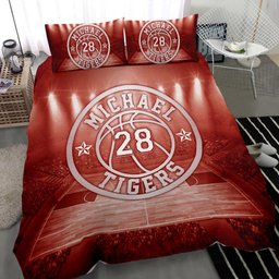 Personalized Basketball Duvet Cover Set, Basketball Court Field Player Gift Idea Red Duvet Cover & Pillowcases, Custom Name Number Bedding Set