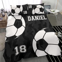 Personalized Soccer Duvet Cover Set, Soccer Ball Black Camo Player Gift Idea Duvet Cover & Pillowcases, Custom Name Number Bedding Set