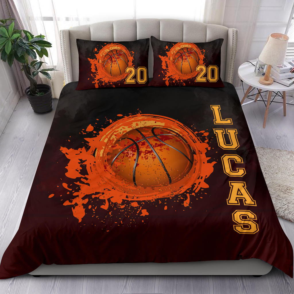 Personalized Basketball Duvet Cover Set, Watercolor Basketball Ball Player Fan Gift Duvet Cover & Pillowcases, Custom Name Number Bedding Set