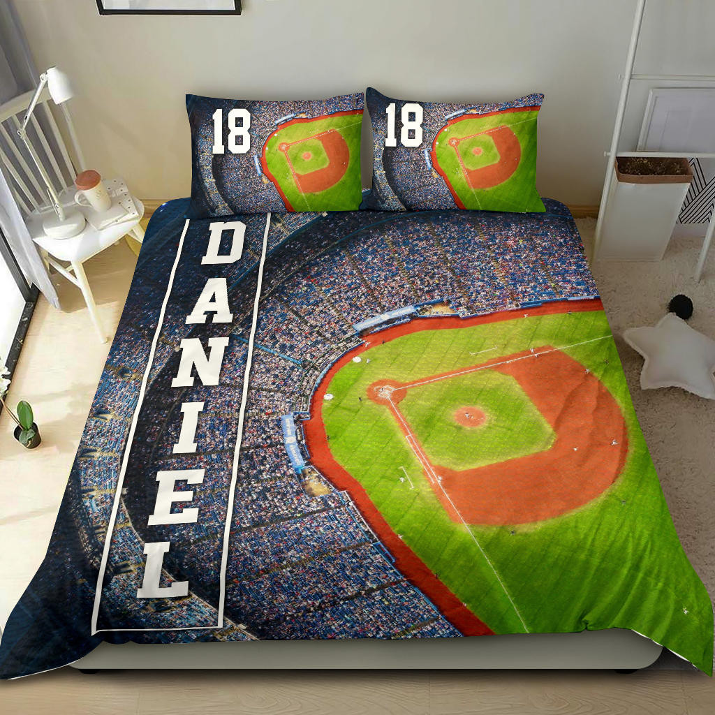 Personalized Baseball Duvet Cover Set, Baseball Field Stadium Player Fan Gift Idea Duvet Cover & Pillowcases, Custom Name Number Bedding Set