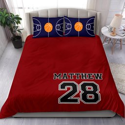 Personalized Basketball Duvet Cover Set, Basketball Court Player Gift Idea Red Duvet Cover & Pillowcases, Custom Name Number Bedding Set