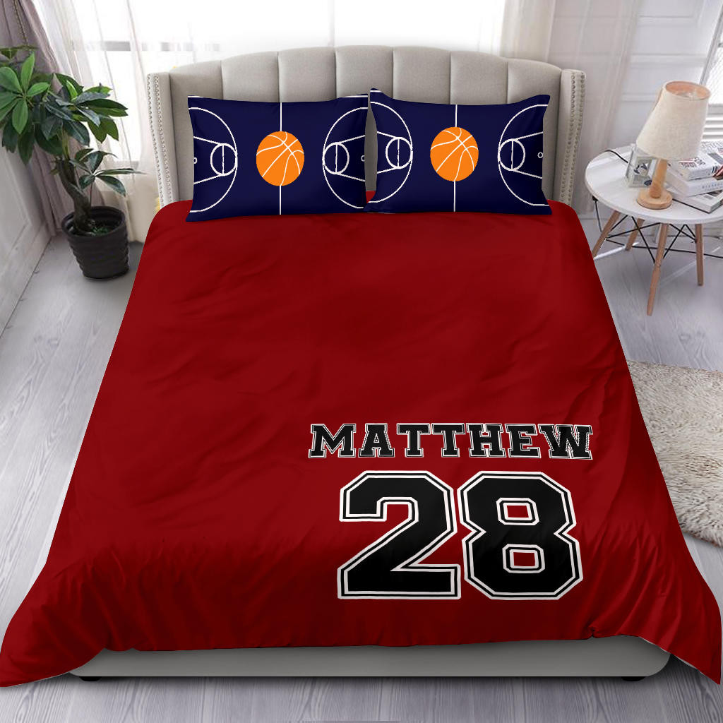 Personalized Basketball Duvet Cover Set, Basketball Court Player Gift Idea Red Duvet Cover & Pillowcases, Custom Name Number Bedding Set