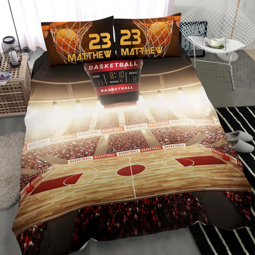 Personalized Basketball Duvet Cover Set, Basketball Court Field Basketball Player Fan Duvet Cover & Pillowcases, Custom Name Number Bedding Set