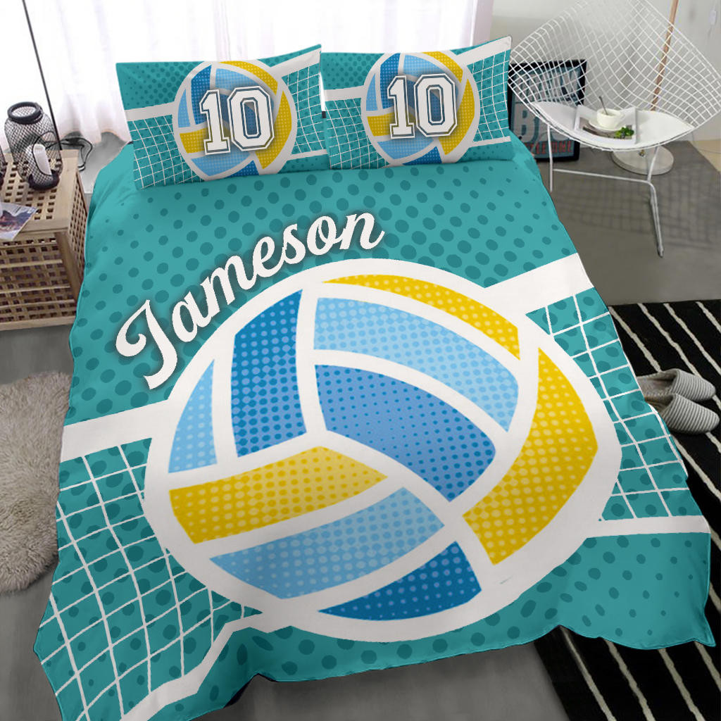 Personalized Volleyball Duvet Cover Set, Volleyball Ball Player Gift Turquoise Duvet Cover & Pillowcases, Custom Name Number Bedding Set