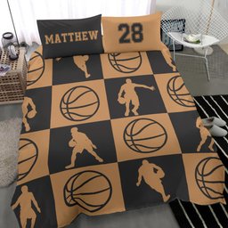 Personalized Basketball Duvet Cover Set, Basketball Player Ball Vintage Brown Gift Duvet Cover & Pillowcases, Custom Name Number Bedding Set