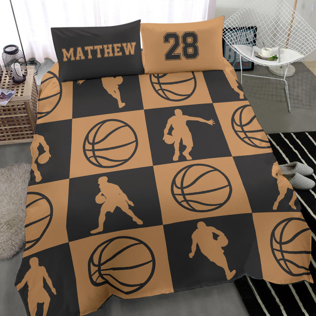 Personalized Basketball Duvet Cover Set, Basketball Player Ball Vintage Brown Gift Duvet Cover & Pillowcases, Custom Name Number Bedding Set
