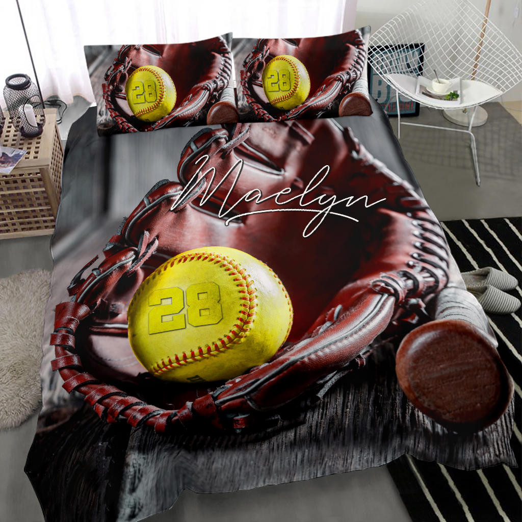 Personalized Softball Duvet Cover Set, Softball Ball Vintage Glove Player Gift Idea Duvet Cover & Pillowcases, Custom Name Number Bedding Set