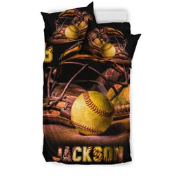 Personalized Softball Duvet Cover Set, Softball Stuff Vintage Brown Player Gift Duvet Cover & Pillowcases, Custom Name Number Bedding Set