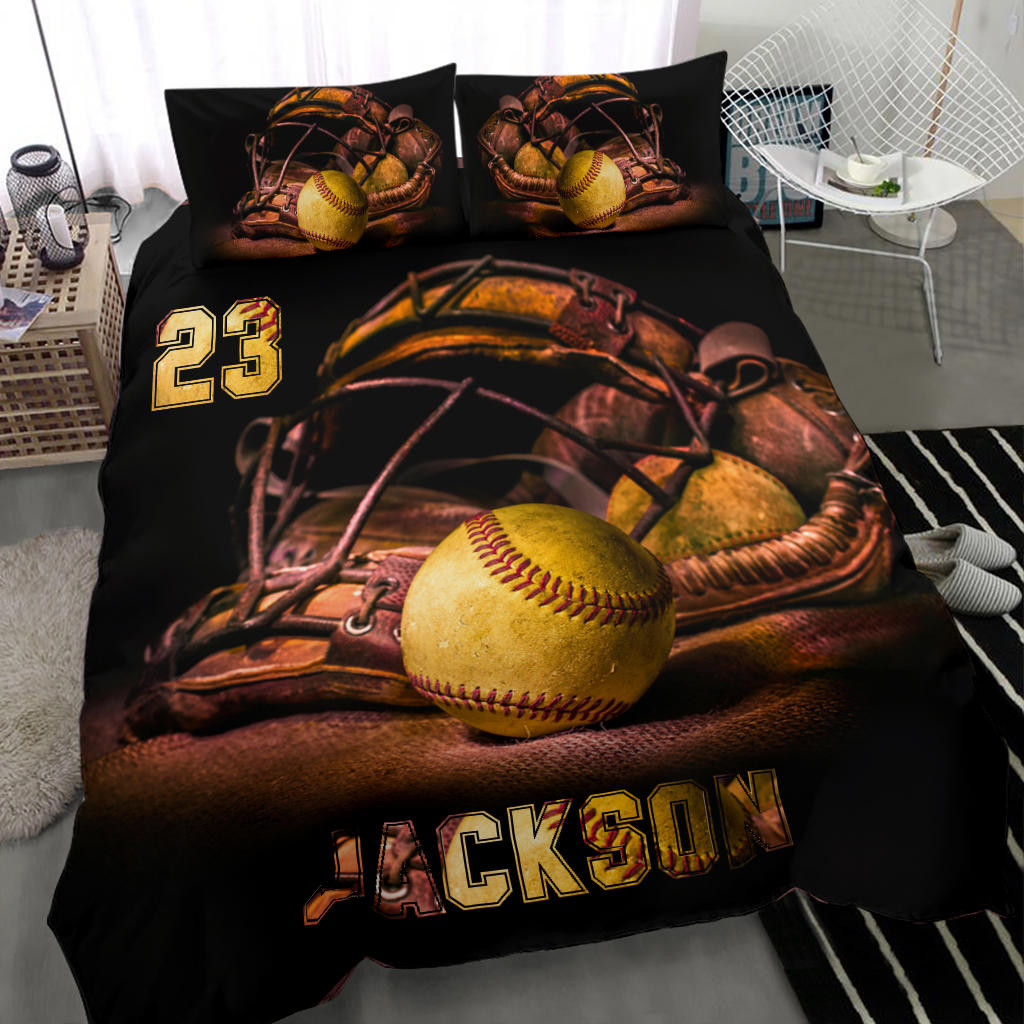 Personalized Softball Duvet Cover Set, Softball Stuff Vintage Brown Player Gift Duvet Cover & Pillowcases, Custom Name Number Bedding Set