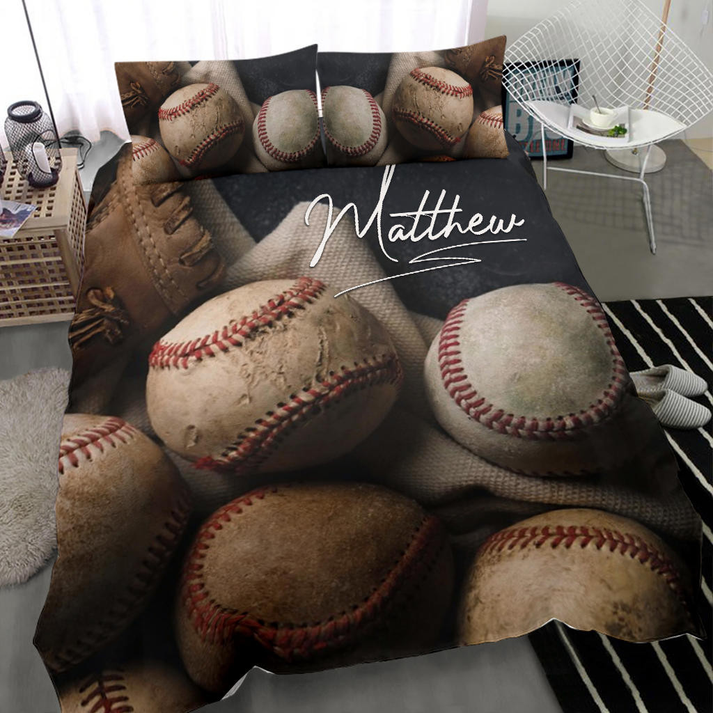 Personalized Baseball Duvet Cover Set, Baseball Ball 3D Printed Player Gift Idea Duvet Cover & Pillowcases, Custom Name Number Bedding Set