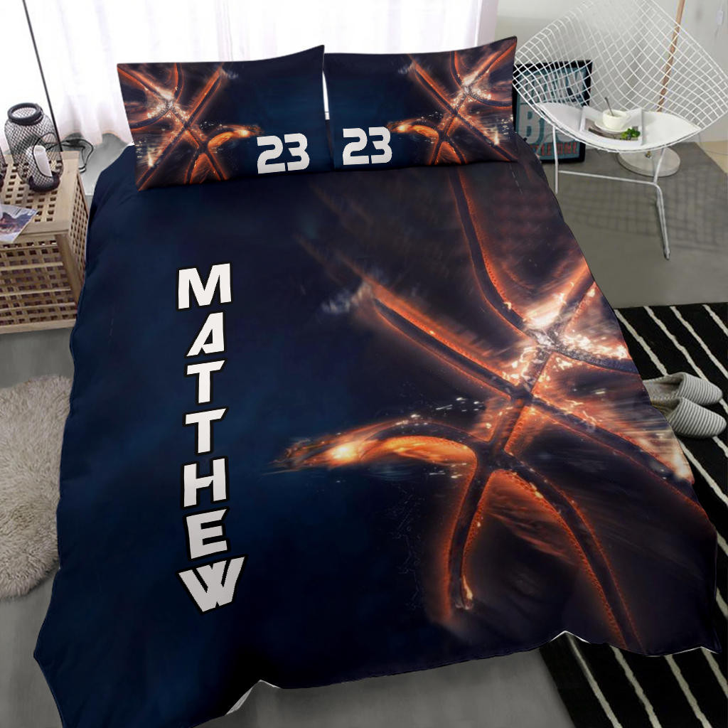 Personalized Basketball Duvet Cover Set, Basketball Light Fire Player Gift Black Duvet Cover & Pillowcases, Custom Name Number Bedding Set