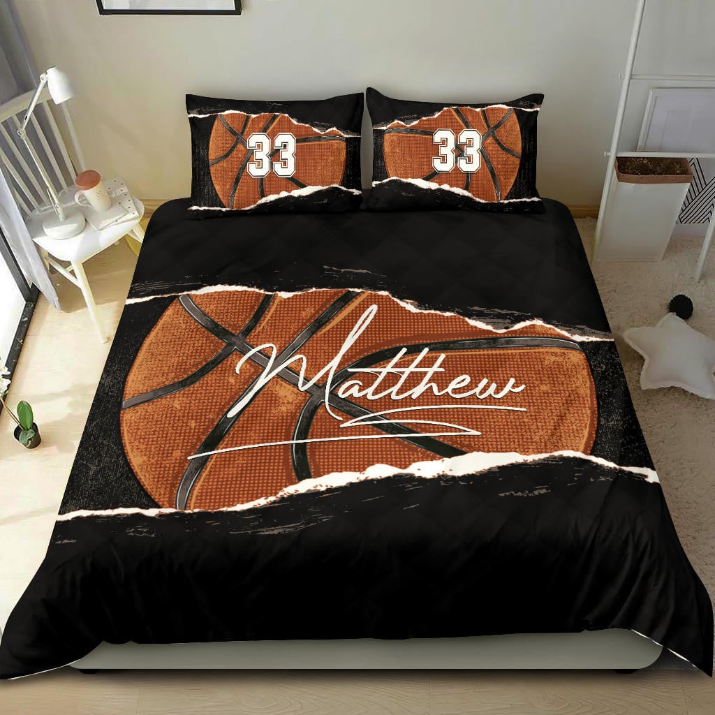 Personalized Basketball Duvet Cover Set, Basketball Torn Pattern Player Gift Black Duvet Cover & Pillowcases, Custom Name Number Bedding Set