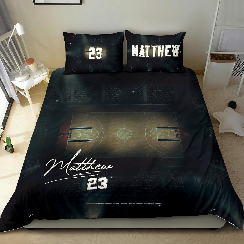 Personalized Basketball Duvet Cover Set, Basketballs Court Field Player Gift Black Duvet Cover & Pillowcases, Custom Name Number Bedding Set