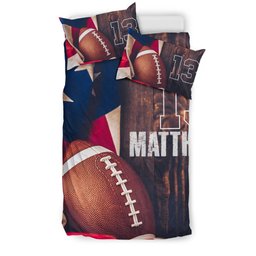Personalized Football Duvet Cover Set, America Football Ball Us Flag Player Gift Duvet Cover & Pillowcases, Custom Name Number Bedding Set