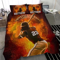 Personalized Baseball Duvet Cover Set, Baseball Fire Batter Posing Player Gift Idea Duvet Cover & Pillowcases, Custom Name Number Bedding Set