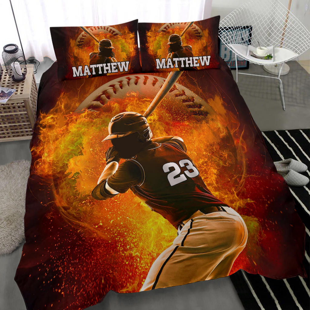 Personalized Baseball Duvet Cover Set, Baseball Fire Batter Posing Player Gift Idea Duvet Cover & Pillowcases, Custom Name Number Bedding Set
