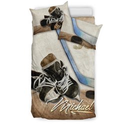 Personalized Hockey Duvet Cover Set, Hockey Shoes Vintage Brown Player Gift Idea Duvet Cover & Pillowcases, Custom Name Number Bedding Set