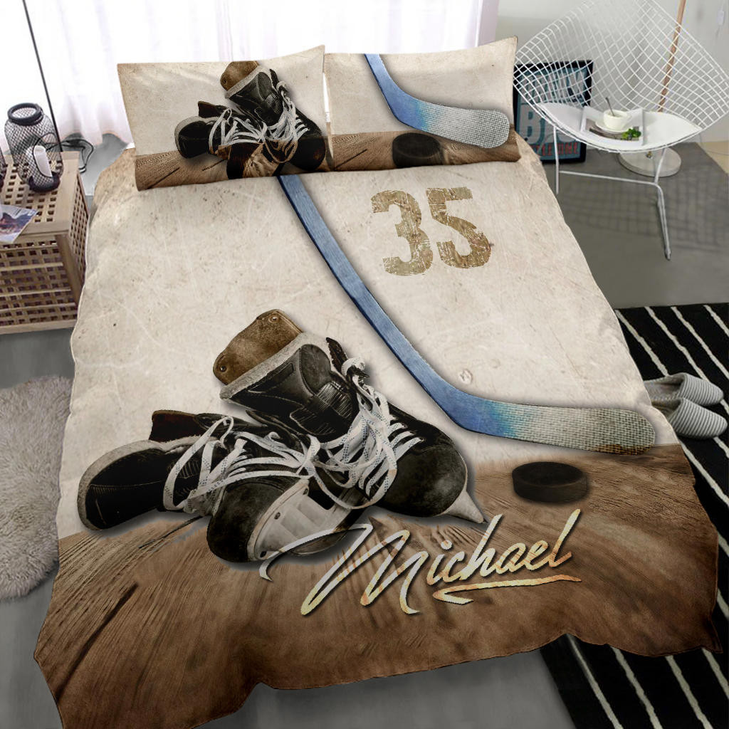 Personalized Hockey Duvet Cover Set, Hockey Shoes Vintage Brown Player Gift Idea Duvet Cover & Pillowcases, Custom Name Number Bedding Set