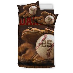 Personalized Baseball Duvet Cover Set, Baseball Glove Ball Vintage Player Gift Idea Duvet Cover & Pillowcases, Custom Name Number Bedding Set
