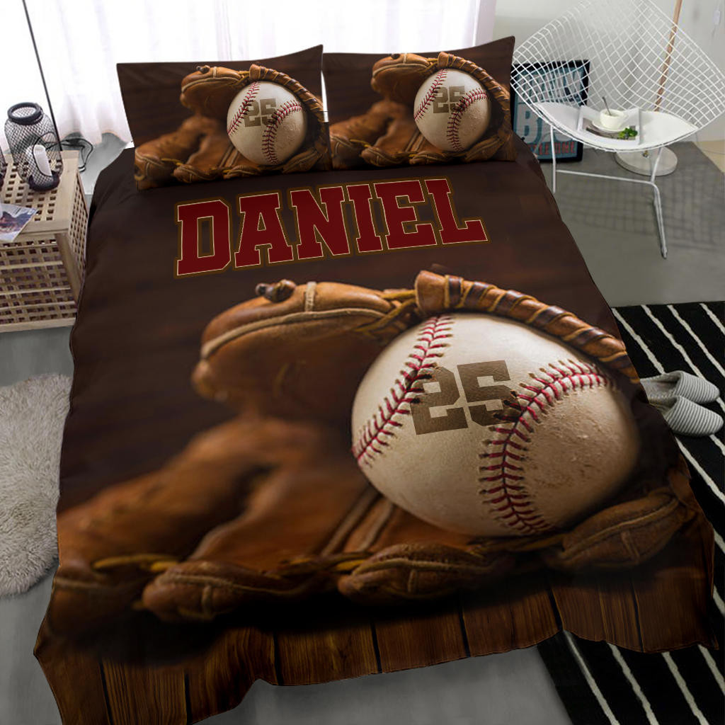 Personalized Baseball Duvet Cover Set, Baseball Glove Ball Vintage Player Gift Idea Duvet Cover & Pillowcases, Custom Name Number Bedding Set