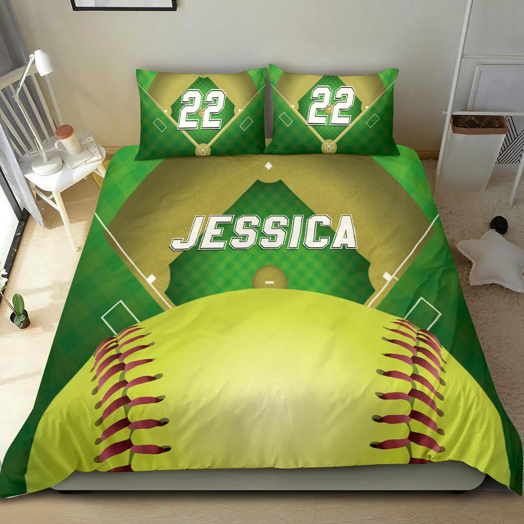 Personalized Softball Duvet Cover Set, Softball Field Court Ball 3D Player Gift Duvet Cover & Pillowcases, Custom Name Number Bedding Set