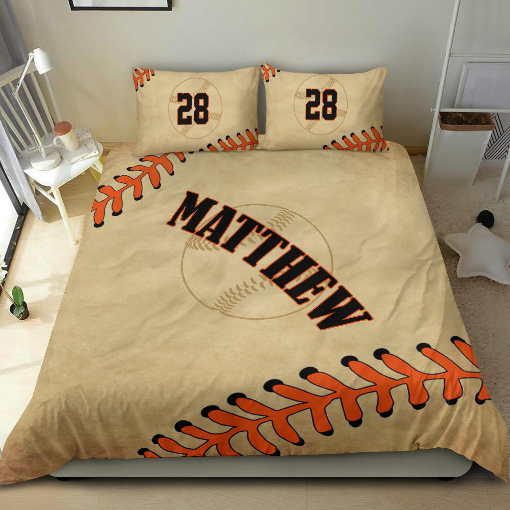 Personalized Baseball Duvet Cover Set, Baseballs Ball Player Fan Gift Vinatge Brown Duvet Cover & Pillowcases, Custom Name Number Bedding Set