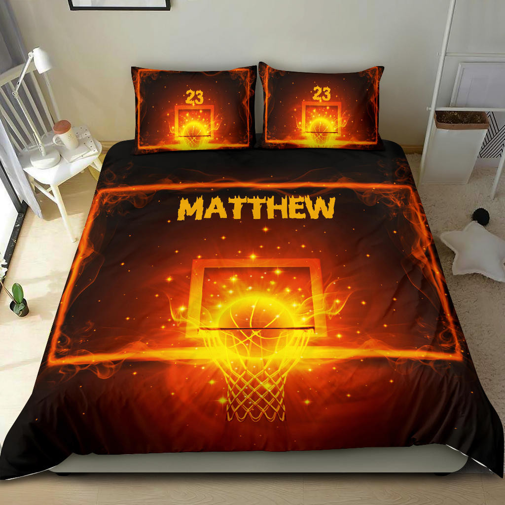 Personalized Basketball Duvet Cover Set, Basketball Fire Light Player Gift Idea Duvet Cover & Pillowcases, Custom Name Number Bedding Set