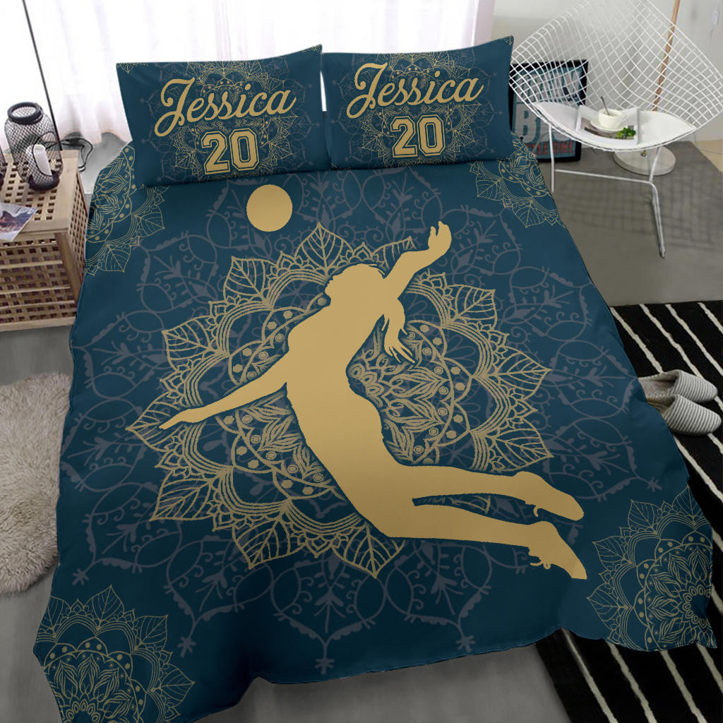 Personalized Volleyball Duvet Cover Set, Volleyball Mandala Blue Girl Player Gift Duvet Cover & Pillowcases, Custom Name Number Bedding Set