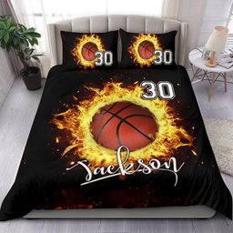 Personalized Basketball Duvet Cover Set, Fire Basketball Ball Player Fan Gift Black Duvet Cover & Pillowcases, Custom Name Number Bedding Set