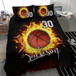 Personalized Basketball Duvet Cover Set, Fire Basketball Ball Player Fan Gift Black Duvet Cover & Pillowcases, Custom Name Number Bedding Set