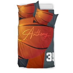 Personalized Basketball Duvet Cover Set, Basketball Ball 3D Printed Player Gift Grey Duvet Cover & Pillowcases, Custom Name Number Bedding Set