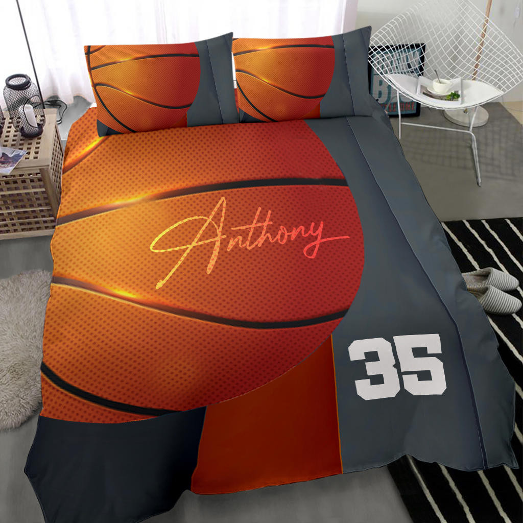 Personalized Basketball Duvet Cover Set, Basketball Ball 3D Printed Player Gift Grey Duvet Cover & Pillowcases, Custom Name Number Bedding Set