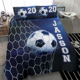 Personalized Soccer Duvet Cover Set, Soccer Ball In Net Blue Player Gift Idea Duvet Cover & Pillowcases, Custom Name Number Bedding Set