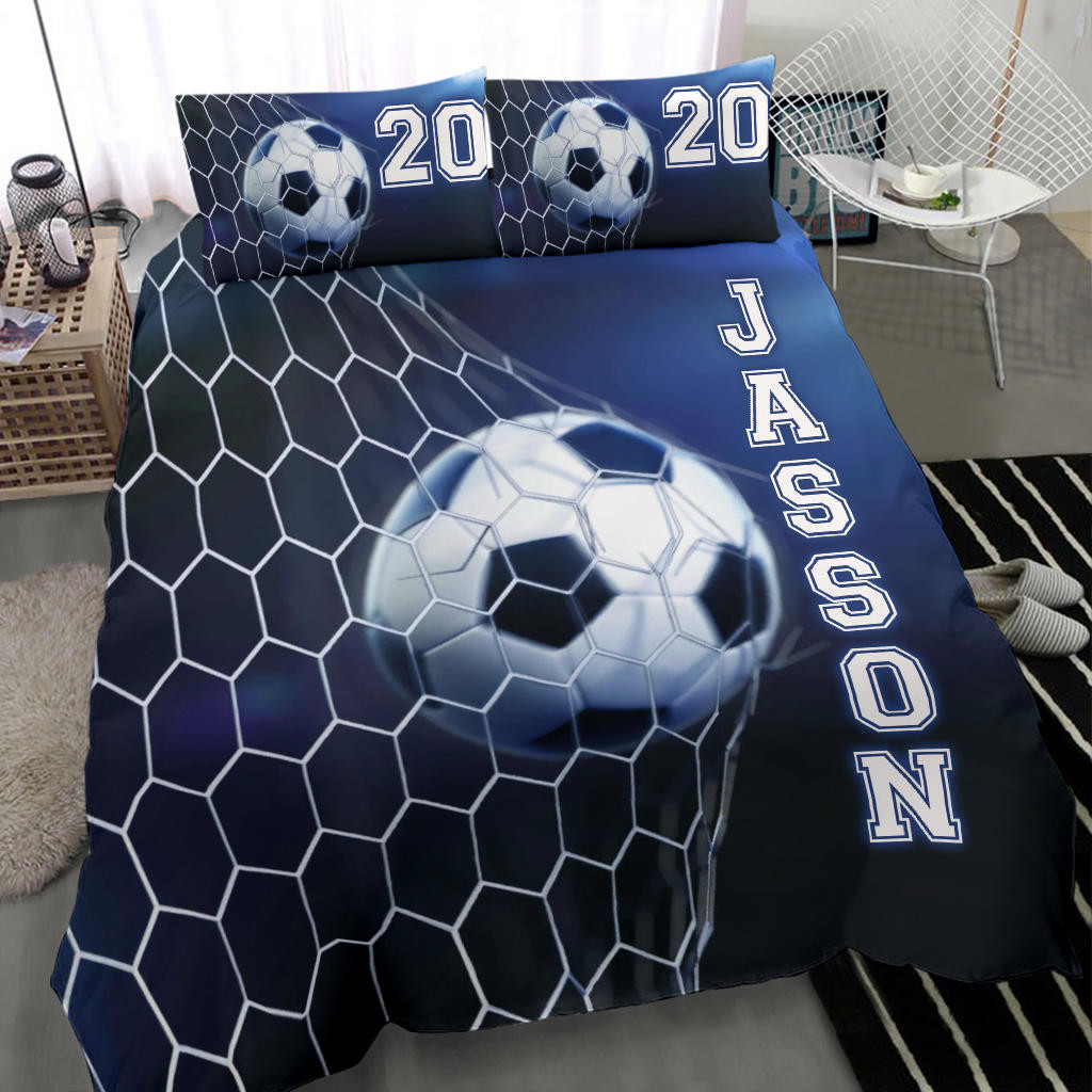 Personalized Soccer Duvet Cover Set, Soccer Ball In Net Blue Player Gift Idea Duvet Cover & Pillowcases, Custom Name Number Bedding Set