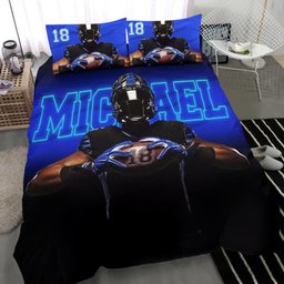 Personalized Football Duvet Cover Set, America Football Player Gift Blue Black 3D Duvet Cover & Pillowcases, Custom Name Number Bedding Set