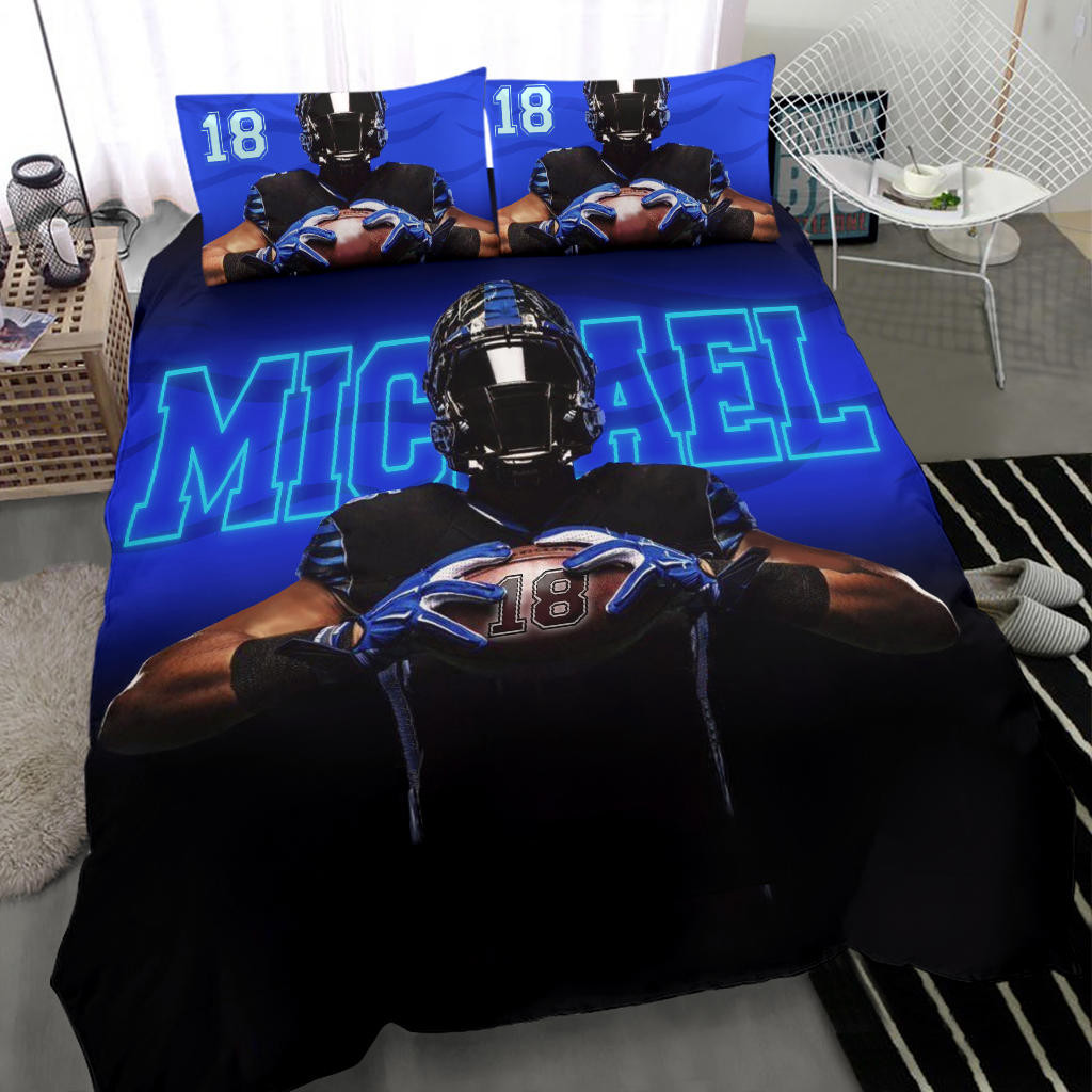 Personalized Football Duvet Cover Set, America Football Player Gift Blue Black 3D Duvet Cover & Pillowcases, Custom Name Number Bedding Set